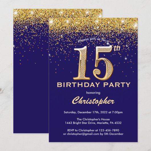 15e verjaardag Navy Blue en Gold Glitter Confetti Kaart (Voorkant / Achterkant)