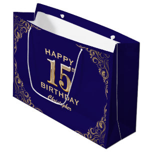 15e verjaardag Navy Blue en Gold Glitter Groot Cadeauzakje