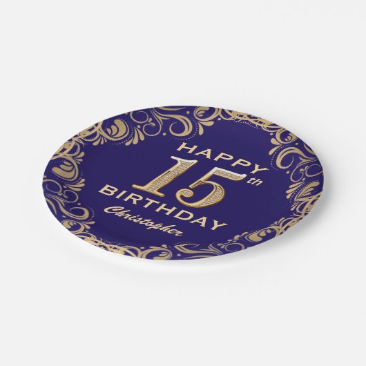 15e verjaardag Navy Blue en Gold Glitter Papieren Bordje (Gekanteld)