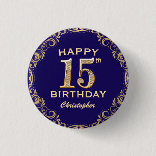 15e verjaardag Navy Blue en Gold Glitter Ronde Button 3,2 Cm