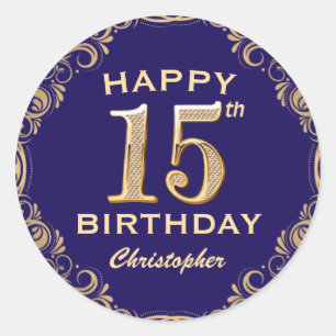 15e verjaardag Navy Blue en Gold Glitter Ronde Sticker