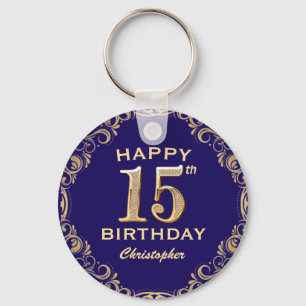 15e verjaardag Navy Blue en Gold Glitter Sleutelhanger