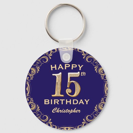 15e verjaardag Navy Blue en Gold Glitter Sleutelhanger (Voorkant)