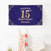 15e verjaardag Navy Blue en Gold Glitter Spandoek (Insitu)