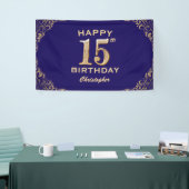 15e verjaardag Navy Blue en Gold Glitter Spandoek (Beurs)