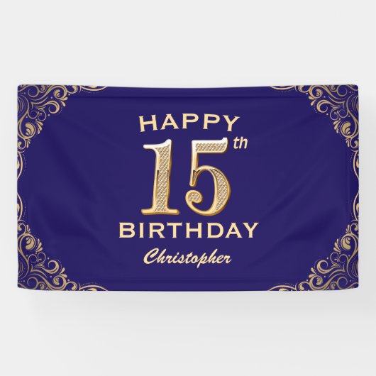 15e verjaardag Navy Blue en Gold Glitter Spandoek (Horizontaal)