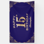 15e verjaardag Navy Blue en Gold Glitter Spandoek (Verticaal)