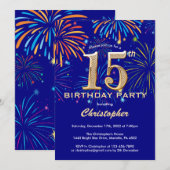 15e verjaardag Navy Blue en Gold Rainbow Fireworks Kaart (Voorkant / Achterkant)