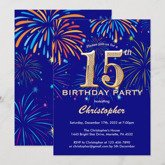 15e verjaardag Navy Blue en Gold Rainbow Fireworks Kaart (Voorkant / Achterkant)