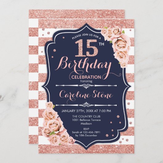 15e Verjaardag Navy Roos Goud en Witte Strepen Kaart (Voorkant / Achterkant)