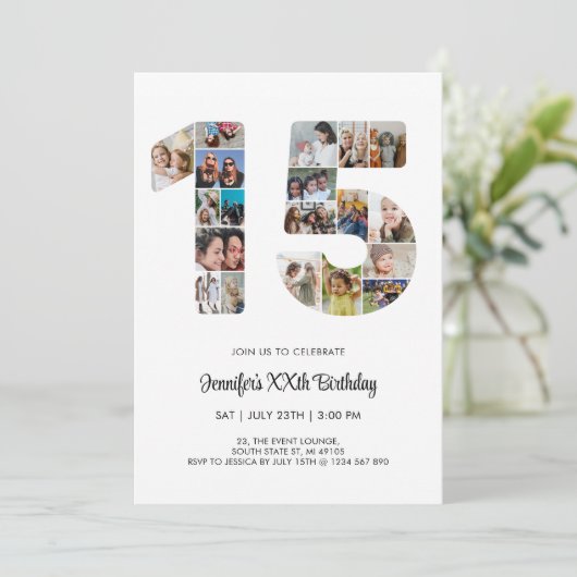 15e verjaardag nummer 15 aangepaste fotocollage kaart (Staand voorkant)