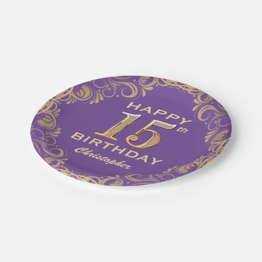 15e verjaardag Paars en goudglitter Lijst Papieren Bordje (Gekanteld)