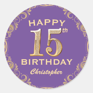 15e verjaardag Paars en goudglitter Lijst Ronde Sticker