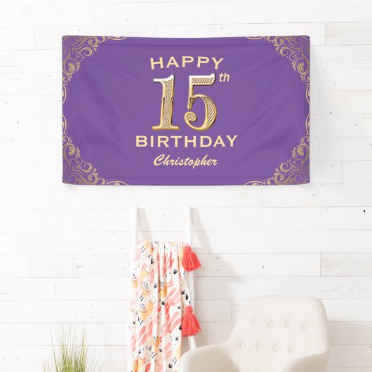 15e verjaardag Paars en goudglitter Lijst Spandoek (Insitu)