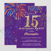 15e verjaardag Paars- en goudregenboogvuurwerk Kaart (Voorkant / Achterkant)