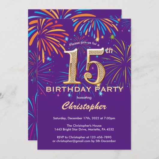 15e verjaardag Paars- en goudregenboogvuurwerk Kaart (Voorkant / Achterkant)