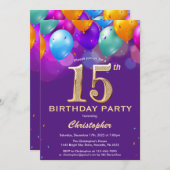 15e verjaardag Paarse en goudkleurige ballonnen Kaart (Voorkant / Achterkant)
