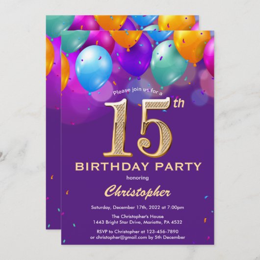 15e verjaardag Paarse en goudkleurige ballonnen Kaart (Voorkant / Achterkant)