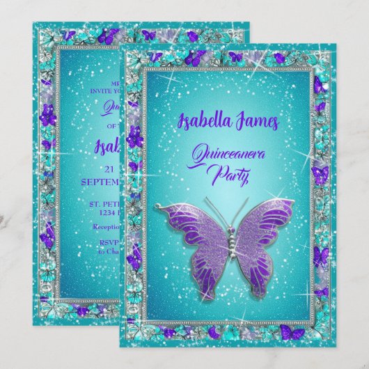 15e verjaardag paarse turquoise sieraden Vlinder Kaart (Voorkant / Achterkant)