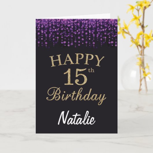 15e Verjaardag Paarse Zwart en Goud Glitter Kaart (Gele Bloem)