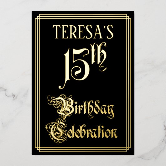 15e verjaardag Partij — Fancy Manuscript & Naam va Folie Uitnodiging (Voorkant)