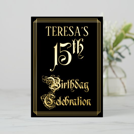 15e verjaardag Partij — Fancy Manuscript & Naam va Folie Uitnodiging (Staand Voorkant)