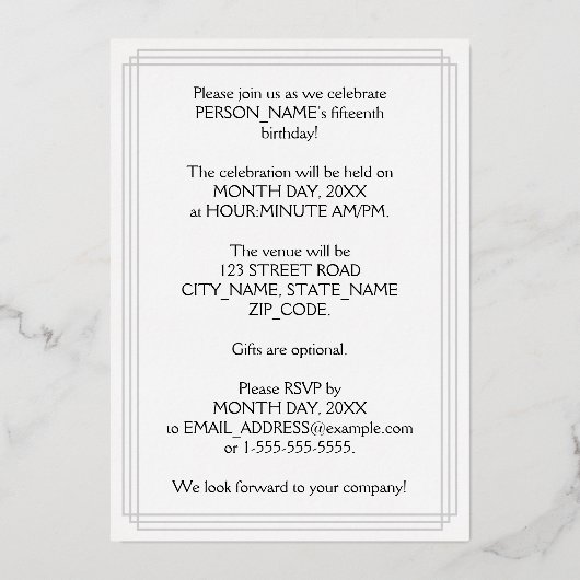 15e verjaardag Partij - Legant Manuscript + de Naa Folie Uitnodiging (Achterkant)