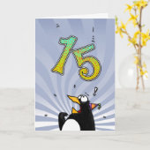 15e verjaardag - Penguin Surprise Kaart (Gele Bloem)