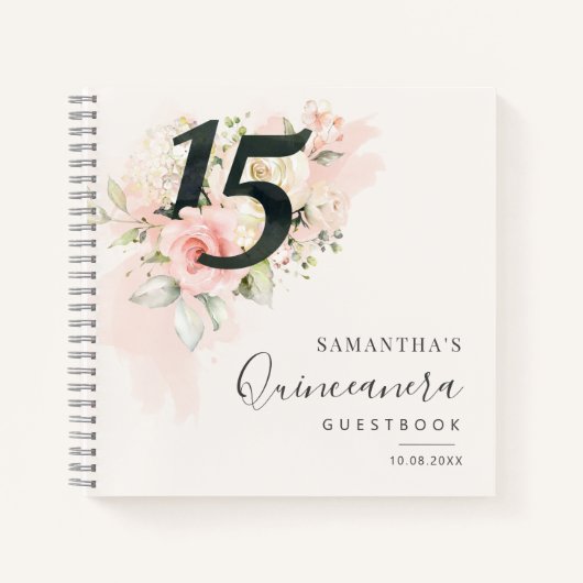15e verjaardag Pink Floral Qunceanera Guest Notitieboek (Voorkant)