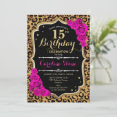 15e verjaardag - Pink Roses Leopard Print Kaart (Staand voorkant)