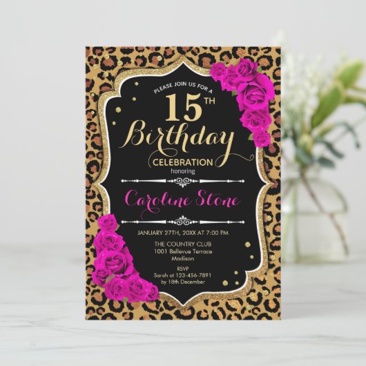15e verjaardag - Pink Roses Leopard Print Kaart (Staand voorkant)