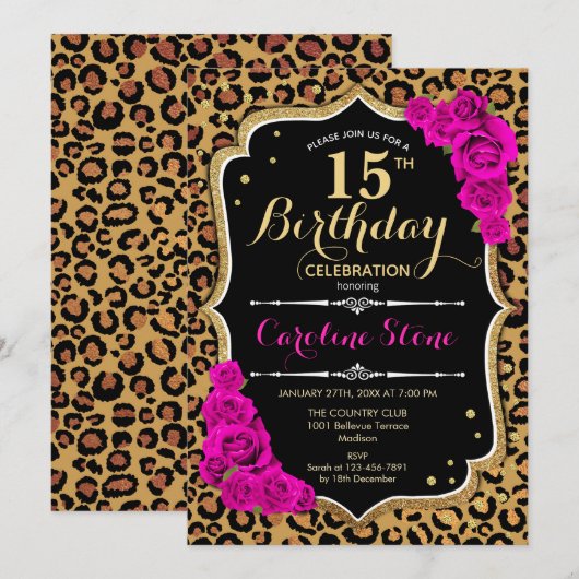 15e verjaardag - Pink Roses Leopard Print Kaart (Voorkant / Achterkant)