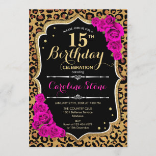 15e verjaardag - Pink Roses Leopard Print Kaart