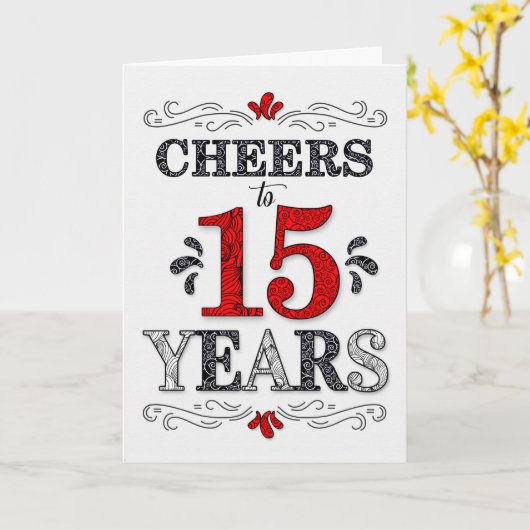 15e verjaardag Proost in rood wit zwart patroon Kaart (Gele Bloem)