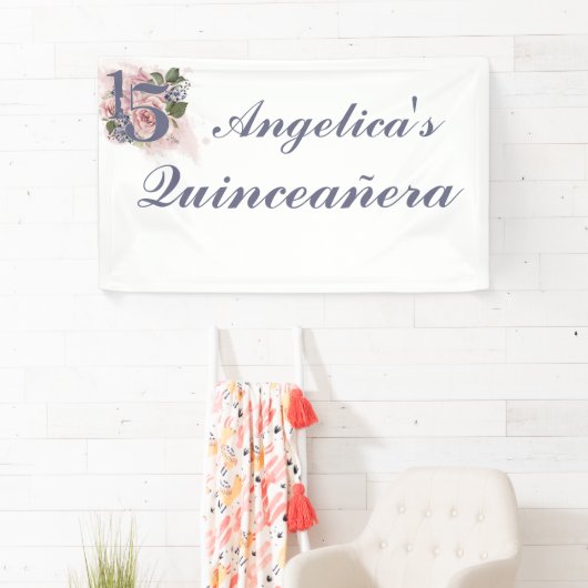 15e Verjaardag Quinceanera Chic Floral Waterverf B Spandoek (Insitu)