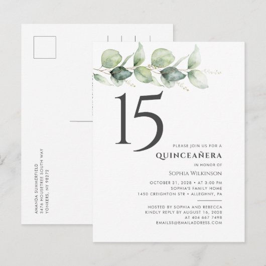 15e verjaardag Quinceanera Eucalyptus Leaves Uitnodiging Briefkaart (Voorkant / Achterkant)