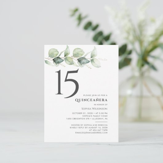 15e verjaardag Quinceanera Eucalyptus Leaves Uitnodiging Briefkaart (Staand voorkant)