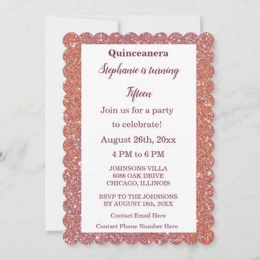 15e verjaardag Quinceanera Oranje Roze Rose Glitte Kaart (Voorkant)