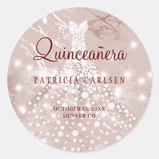 15e verjaardag quinceanera roze gouden jurk glinst ronde sticker (Voorkant)