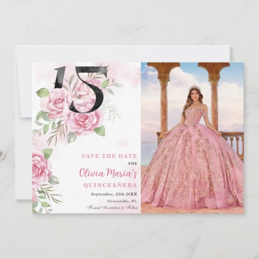 15e verjaardag Quinceanera rustieke bloemen foto Save The Date (Voorkant)