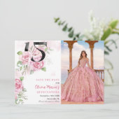 15e verjaardag Quinceanera rustieke bloemen foto Save The Date (Staand voorkant)