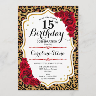 15e verjaardag - Red Gold Leopard Print Kaart