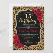 15e verjaardag - Red Roses Leopard Print Kaart (Voorkant)