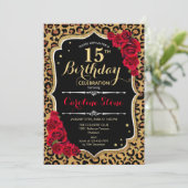 15e verjaardag - Red Roses Leopard Print Kaart (Staand voorkant)