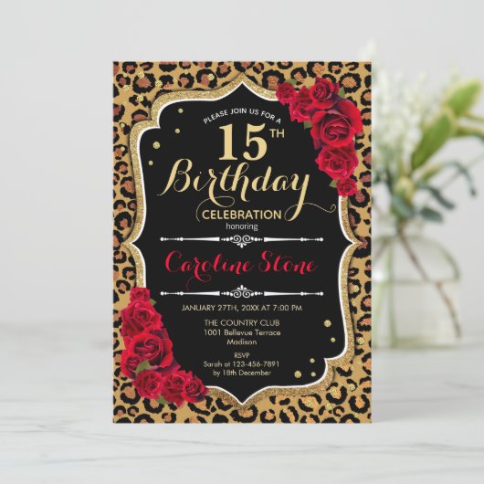 15e verjaardag - Red Roses Leopard Print Kaart (Staand voorkant)