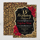 15e verjaardag - Red Roses Leopard Print Kaart (Voorkant / Achterkant)