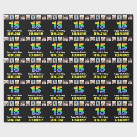 15e verjaardag: Regenboog "15"; Aangepaste foto's  Cadeaupapier (Vlak)