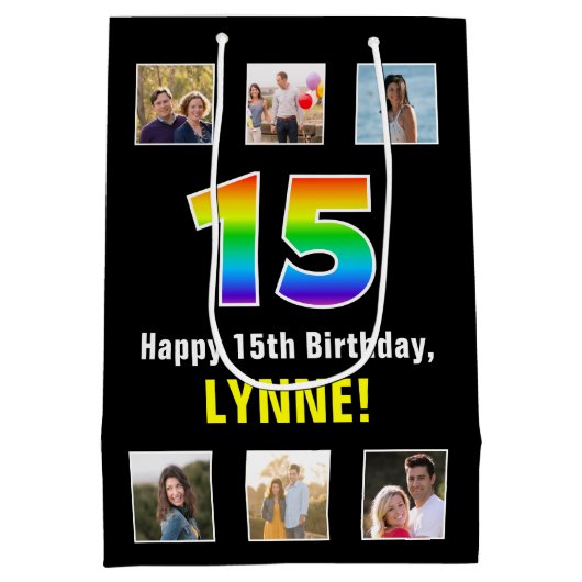 15e verjaardag: Regenboog "15", aangepaste foto's  Medium Cadeauzakje (Achterkant)