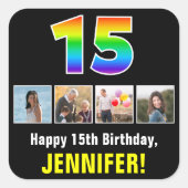 15e verjaardag: Regenboog "15"; Aangepaste foto's Vierkante Sticker (Voorkant)