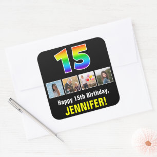 15e verjaardag: Regenboog "15"; Aangepaste foto's Vierkante Sticker